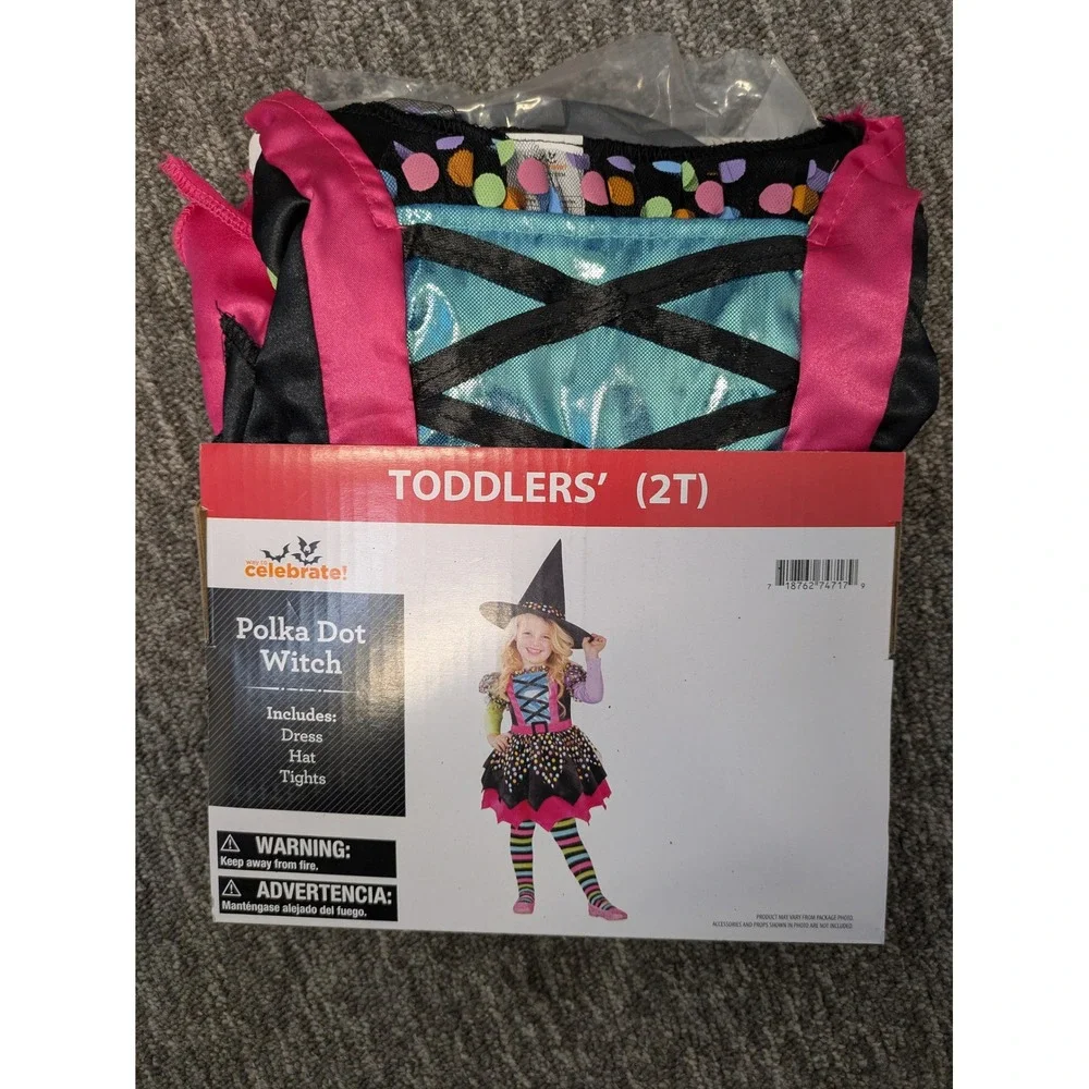 Celebrate Toddler Girls Polka Dot‎ Witch Costume Dress Hat Tights Halloween 2T